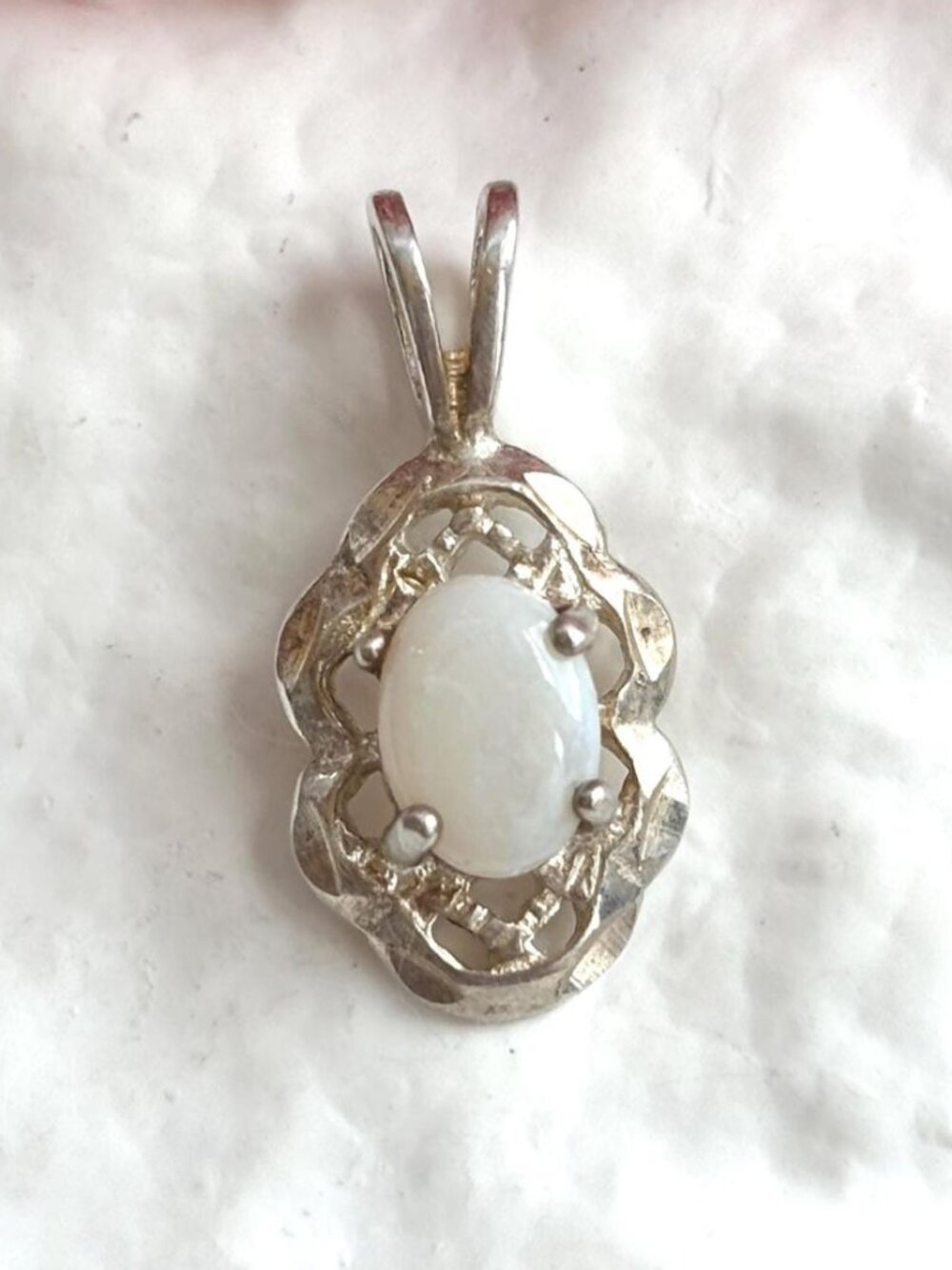 White Oval Opal Ornate Art Nouveau Inspired Sterling Silver 925 Vintage Pendant